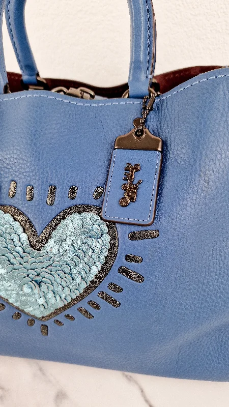 Coach 1941 Rogue 31 Keith Haring Leather Sequin Heart in Sky Blue - Shoulder Bag Satchel Handbag - Coach 28637