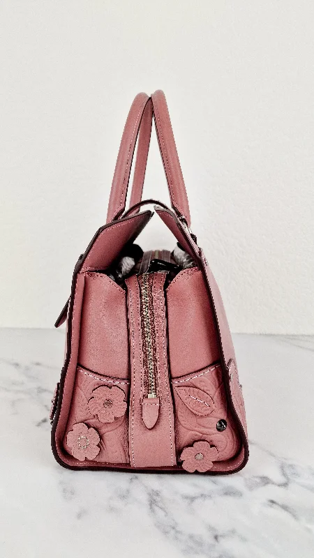 Coach Mercer Satchel 30 in Dusty Rose Pink with Tooled Leather Tea Roses - Floral Crossbody Bag Handbag - Coach 12031