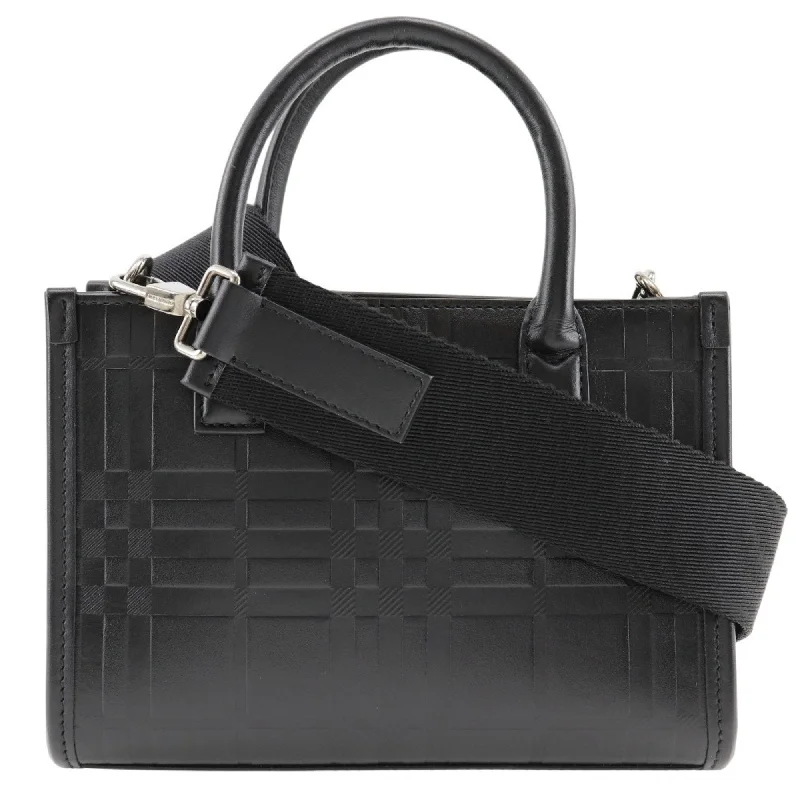 Burberry Embossed Check Handbag Shoulder Calf Black 2way Women's