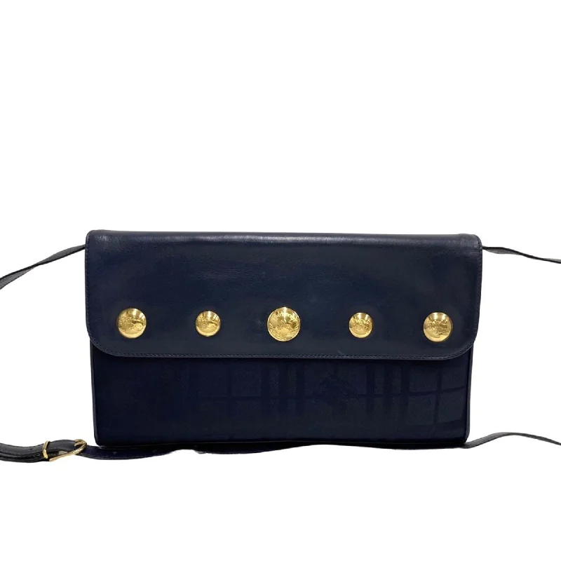 BURBERRYS Nova Check Shadow Horse Metal Fittings Leather Nylon 2way Shoulder Bag Clutch Navy 24690